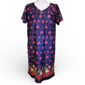 Vintage 90's Navy Blue Floral Spring Summer Short Sleeve Shift Dress
